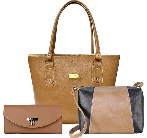 Flora Premium PU Leather Womens Handbag With Sling Bag And Hand Clutch Combo Of 3 (Beige_FLORA-145))