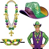 Beipegin 6pcs Mardi Gras Hat Accessories, Cowboy Hats for Women Men, Mardi Gras Mask Beads Necklace for Carnival Party Parade