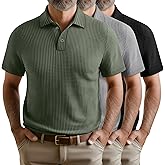 Riyiper 3 Pack Men's Big and Tall Waffle Henley Shirts, Button Collared Short Sleeve Lapel V Neck Side Split Basic Tees