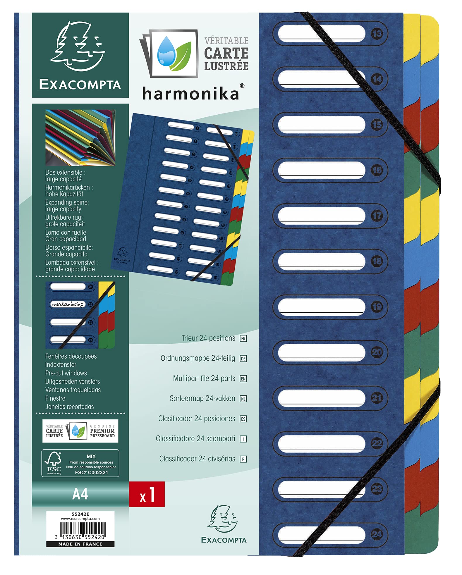 Exacompta - Ref 55242E - Harmonika Multipart File - 24.5 x 32cm in Size, Suitable for A4 Documents, 24 Multi-Coloured Tabbed Sections, Premium Pressboard Cover - Blue Cover