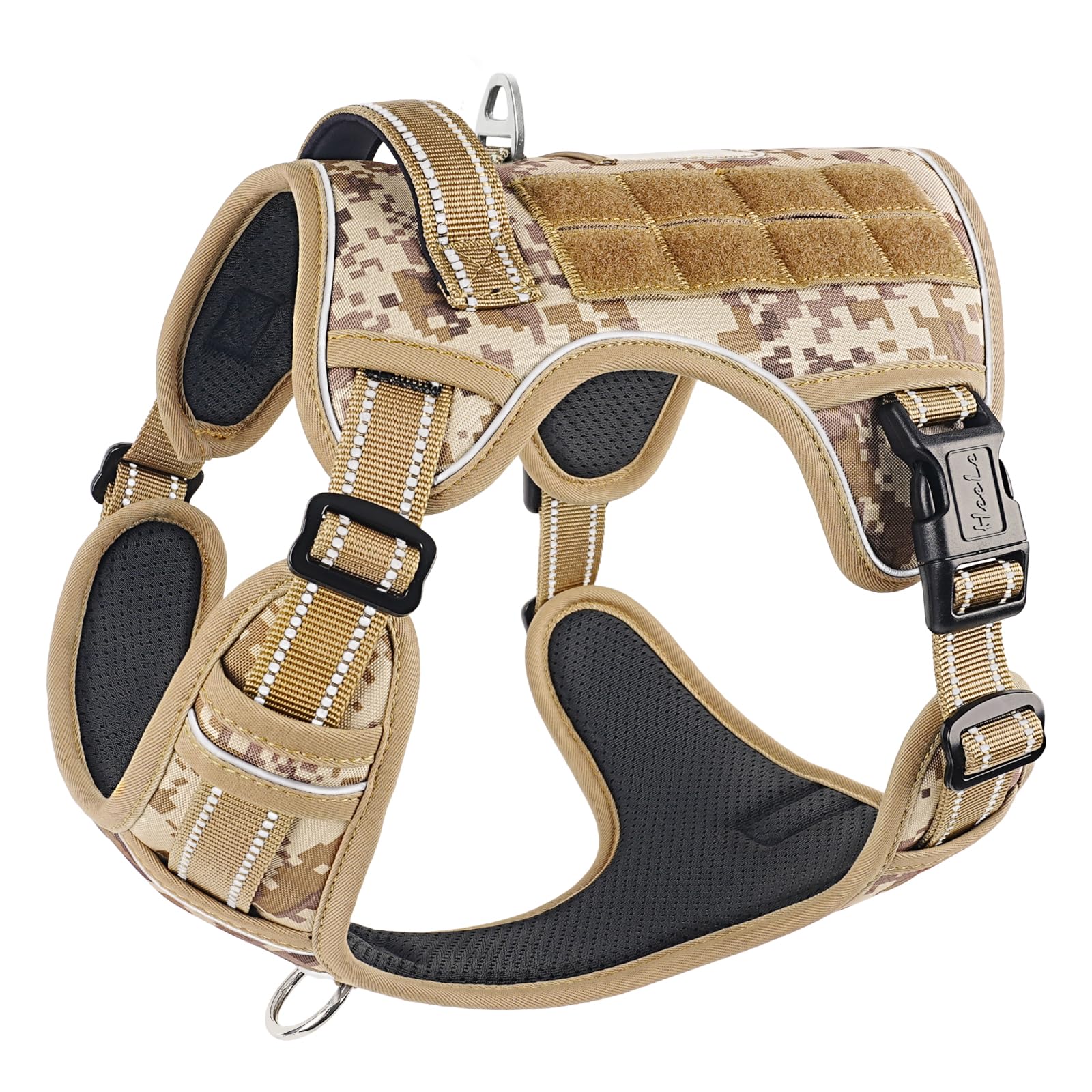 HEELE Dog Harness, Tactical Dog Harness with Molle Panel, Harness for Small Medium Large Dogs No Pull Adjustable Padded Reflective Harness with Handle for Walking Training, Camo Desert, S