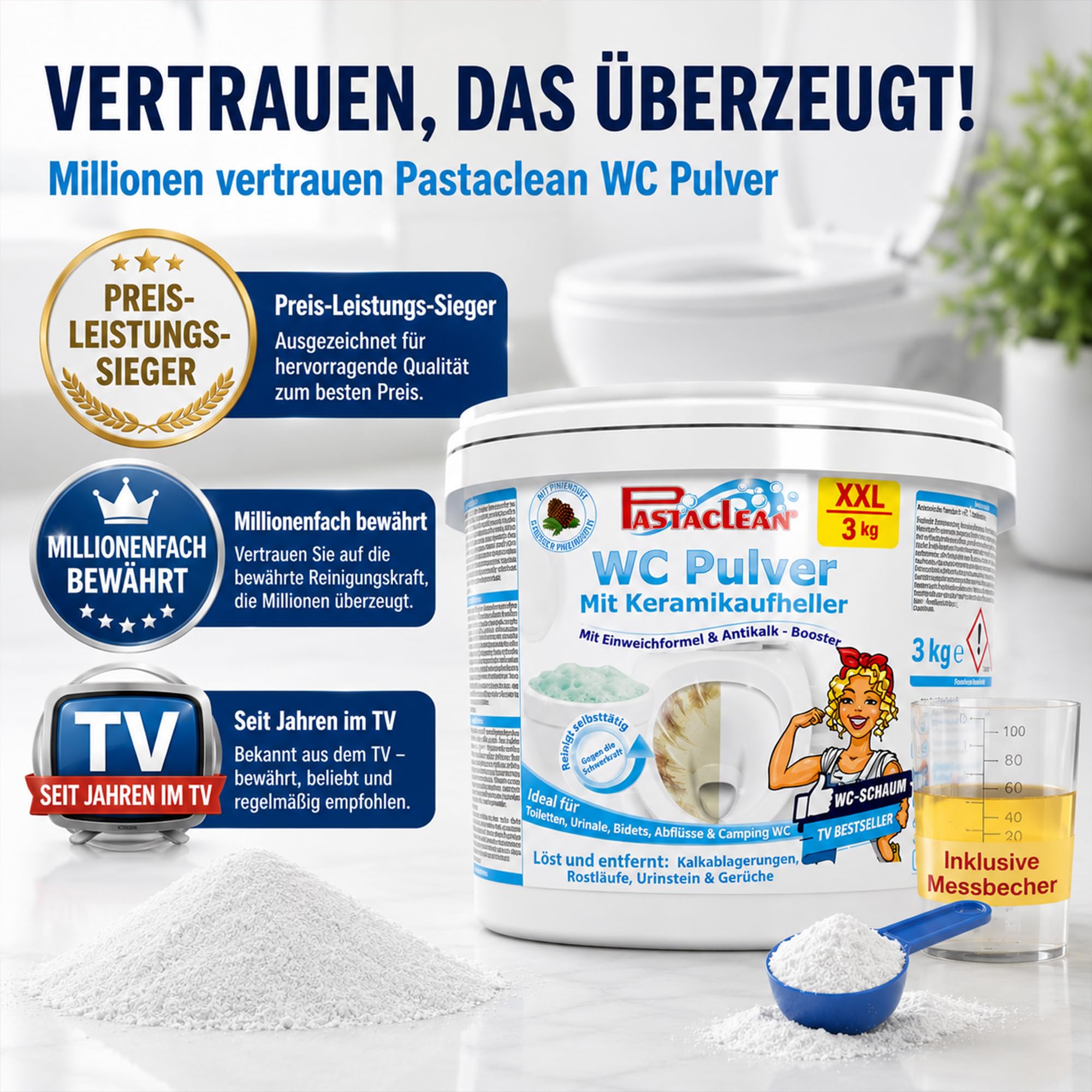 Pastaclean WC Pulver XXL 3 kg – Extra starker WC-Reiniger & Urinsteinentferner mit Pinienöl – Keramikaufheller & Bleaching-Effekt – Kalkreiniger & WC-Schaum gegen Urinstein, Kalk & Ablagerungen 9