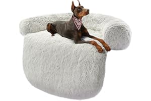 Auvce Fluffy Calming Large Dog Bed Deluxe Anti-Anxiety Plush Dog Mat Dog Couch Cover for Furniture Protector with Removable Pillow & Washable Cover, 39''x33''x7.5'', Light Grey