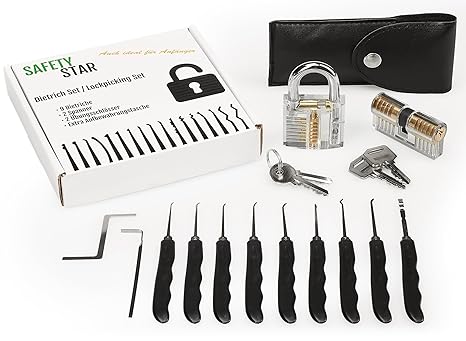 SAFETY STAR Lockpicking Set mit 2 Übungsschlössern + Anleitung + Ledertasche | Das perfekte Dietrich Set für Anfänger und Pro