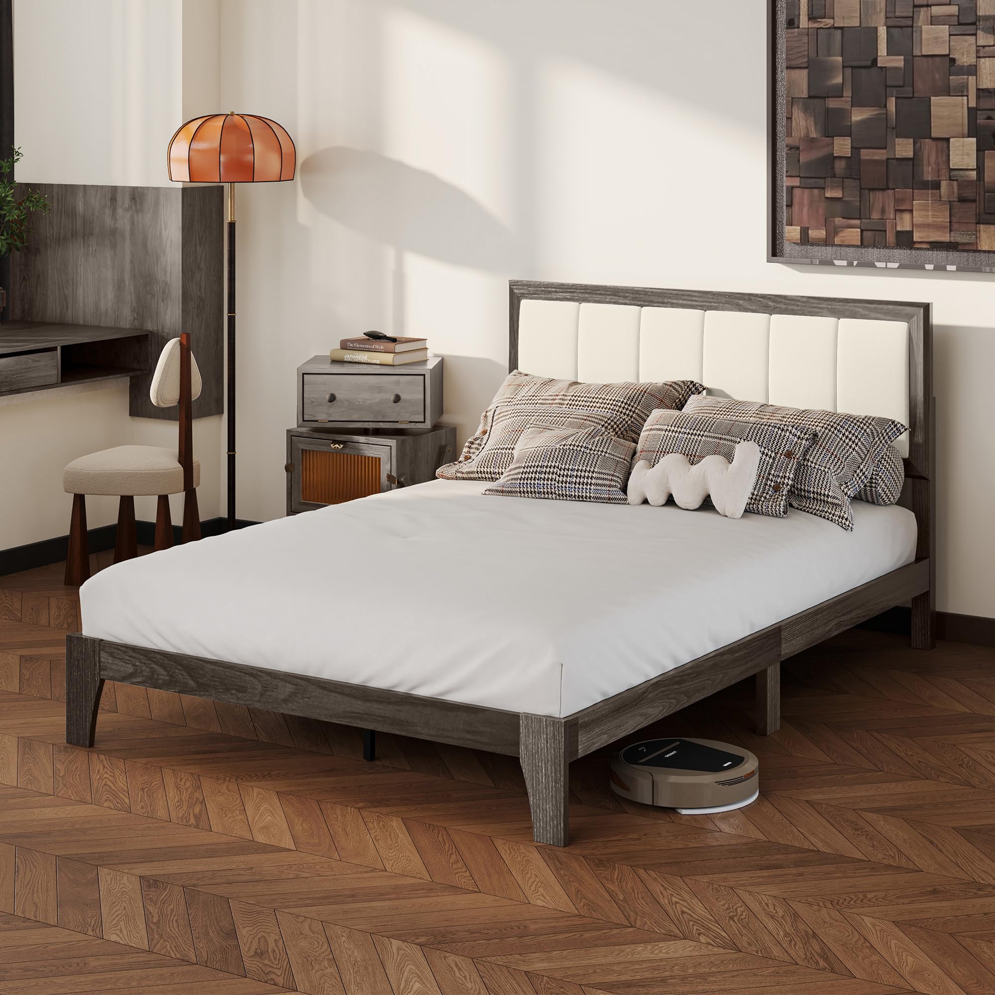 Photo 1 of ***used*** missing parts***HOMCOM Full Size Bed Frame with Upholstered Headboard, Platform Bed Frame with Wooden Slats, No Box Spring Needed, Easy Assembly, Charcoal Gray