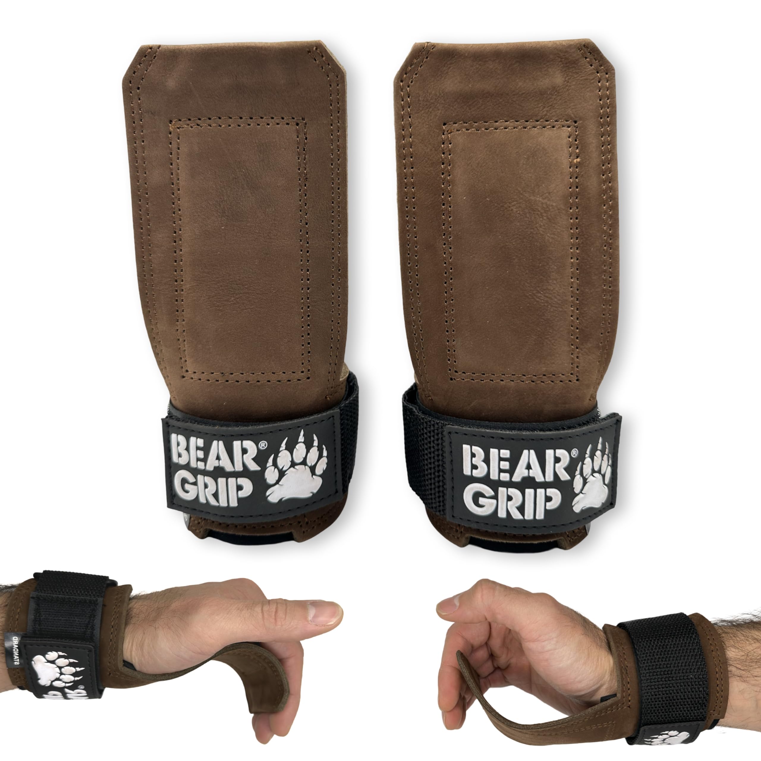 BEAR GRIP Nubuck Leather Multi Grip Straps, Premium Heavy Duty Weight Lifting Straps - Gym Strap for Deadlifts, Rows & Weight Training, Wrist Support for Men & Women (Brown Leather)