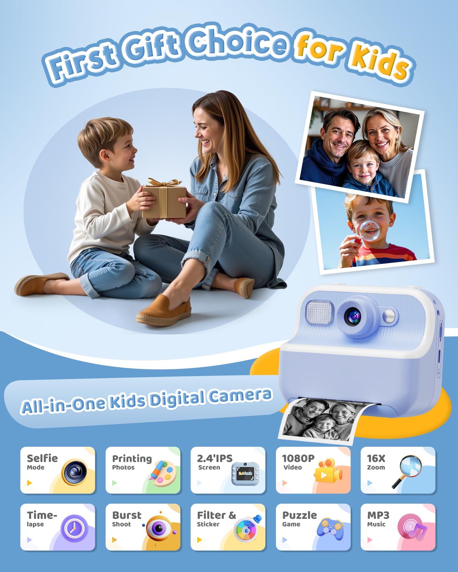 Instant Camera, Front Rear Dual Selfie Kids Camera with 1080P Videos, Holiday Birthday Gifts for Kids Age 3-12, Toddler Portable Travel Print Digital Camera Toy for 4 5 6 7 8 9 Year Boys Girls