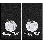 FYSUIMU 2Pcs Happy Fall Pumpkin Hand Towels Embroidered Cotton Bathroom Towel Black White Absorbent Bath Towel for Autumn Thanksgiving Harvest Hand Drying Cleaning Cooking, 29.5 x 13.7 Inch