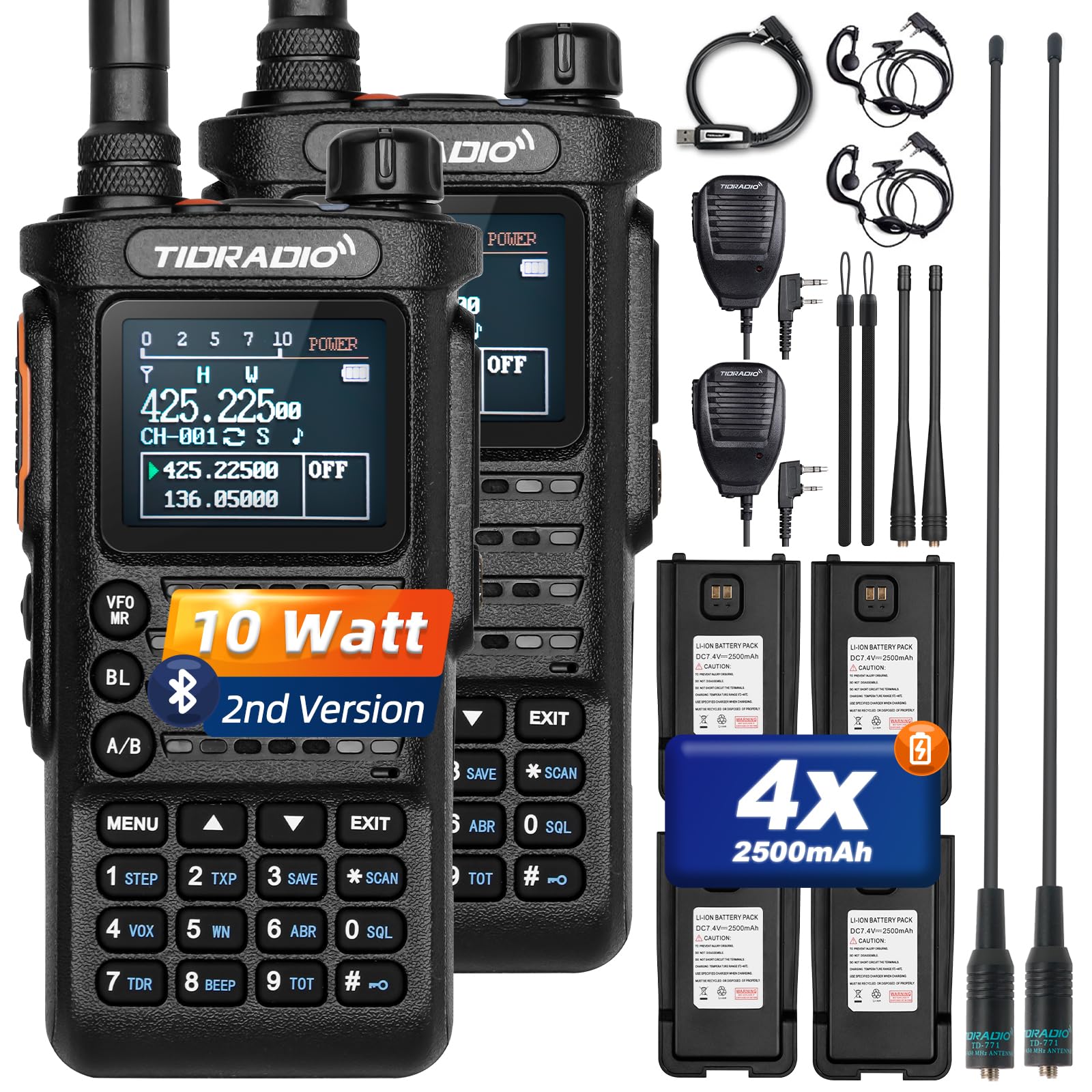 Photo 1 of TIDRADIO TD-H8 10W Ham Radio Handheld, APP Wireless Programming, NOAA Weather Long Range Walkie Talkies 2500mAh Battery (4 pcs), Portable Two-Way Radios with Programming Cable& Speaker Mic-2pack
