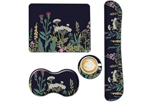AIMSA Keyboard Wrist Rest Support + Mouse Pad + Mouse Wrist Rest + Coaster, Ergonomic Memory Foam Anti-Slip Rubber Base 4 PCS Set Easy Typing Pain Relief, Flowers Plants
