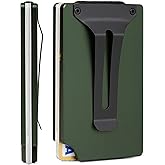 GOLRIDI Wallet for Men, Slim Minimalist Carbon Fiber Wallet with Metal Money Clip/Cash Strap, RFID Blocking Aluminum Card Holder,Matt Green