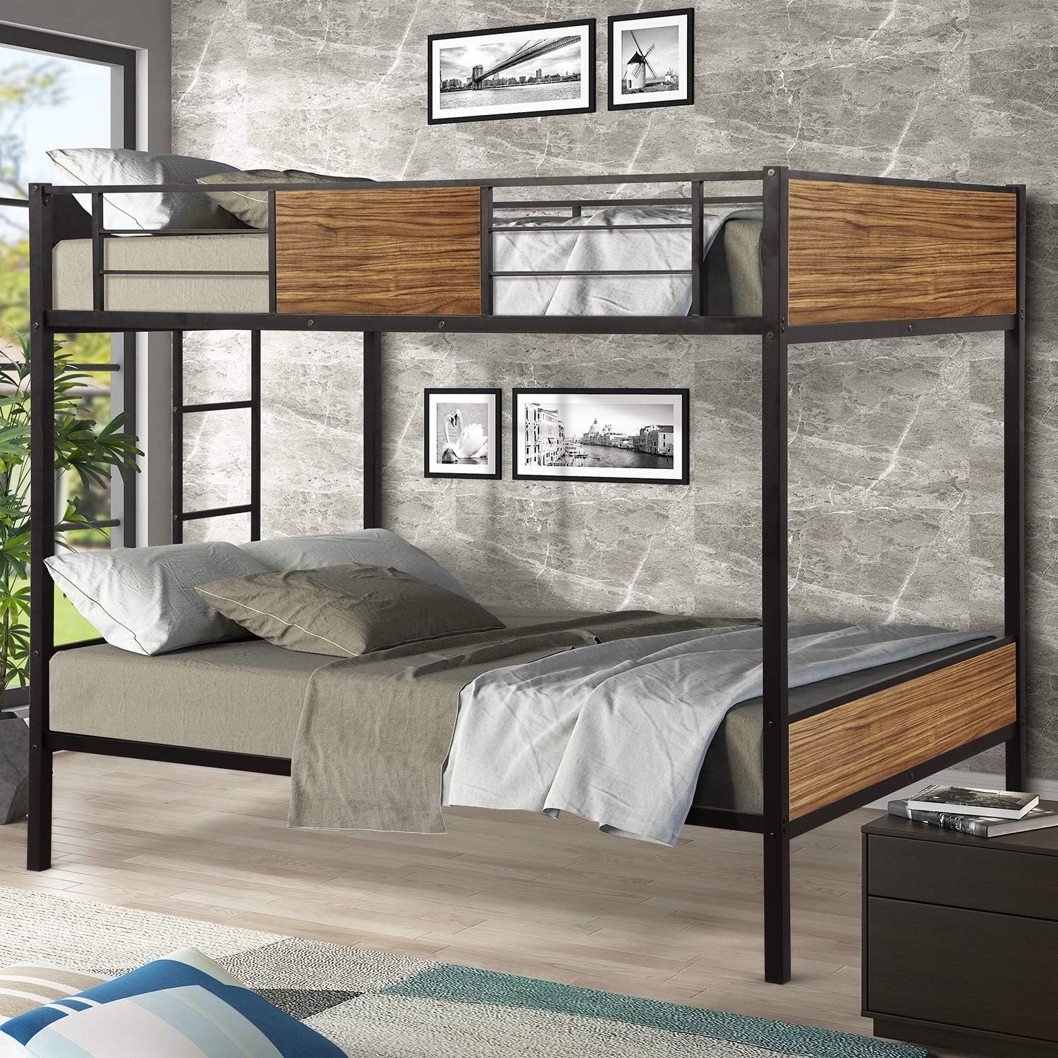 YSKWA Full-Over-Full bunk Bed Modern Style Steel Frame bunk Bed with Safety Rail, Built-in Ladder for Bedroom, Dorm, Boys, Girls, Adults