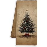 Dimurela Vintage Christmas Tree Kitchen Towels, Bow Coquette Hand Towels Decor for Girls Bathroom, Winter Dish Towel, Rustic Retro Tea Bar Waffle Towel for Dorm Holiday Home 16x24in