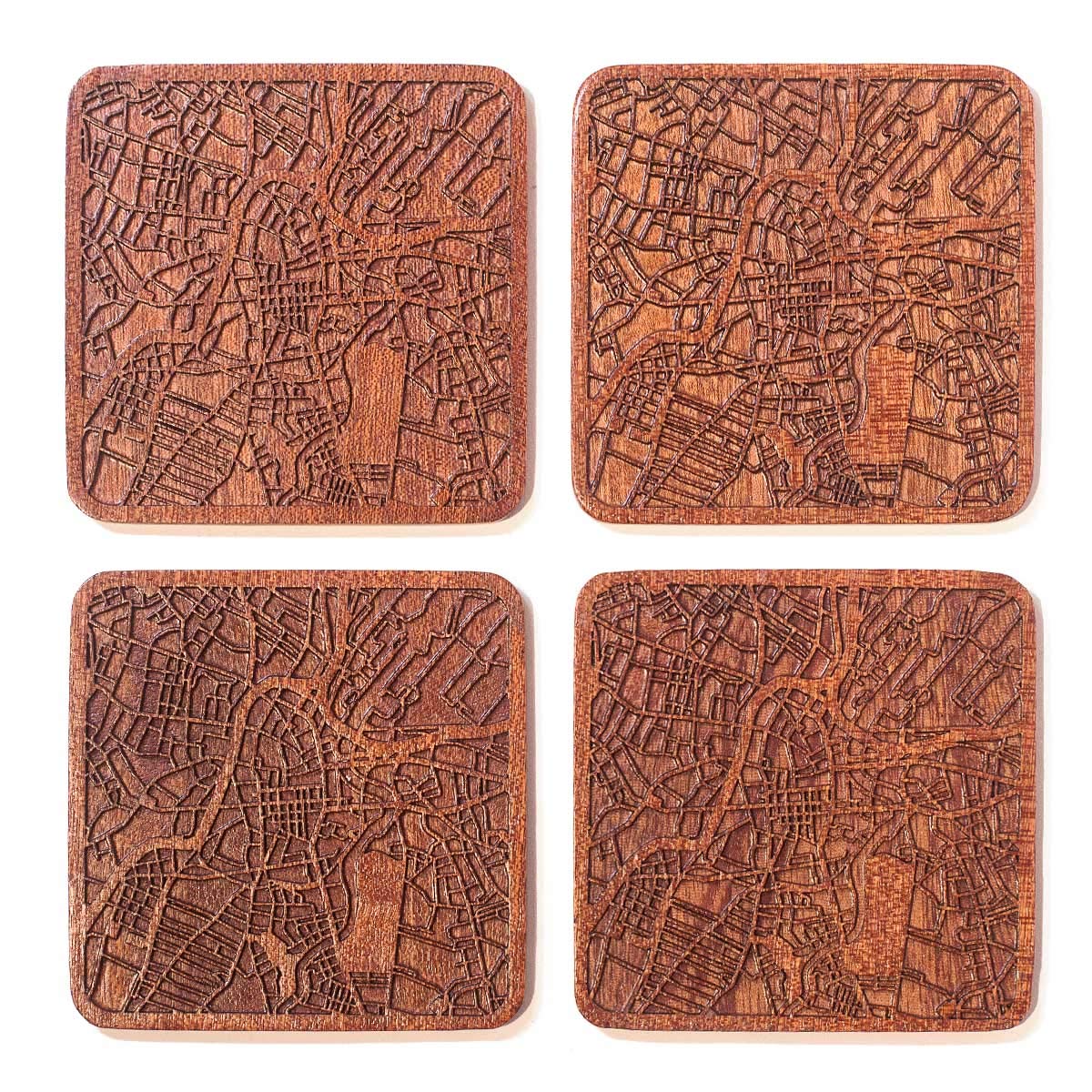 Belfast Map Coaster, Set of 4, Sapele Wooden Coaster with City map, Multiple City Optional, Handmade