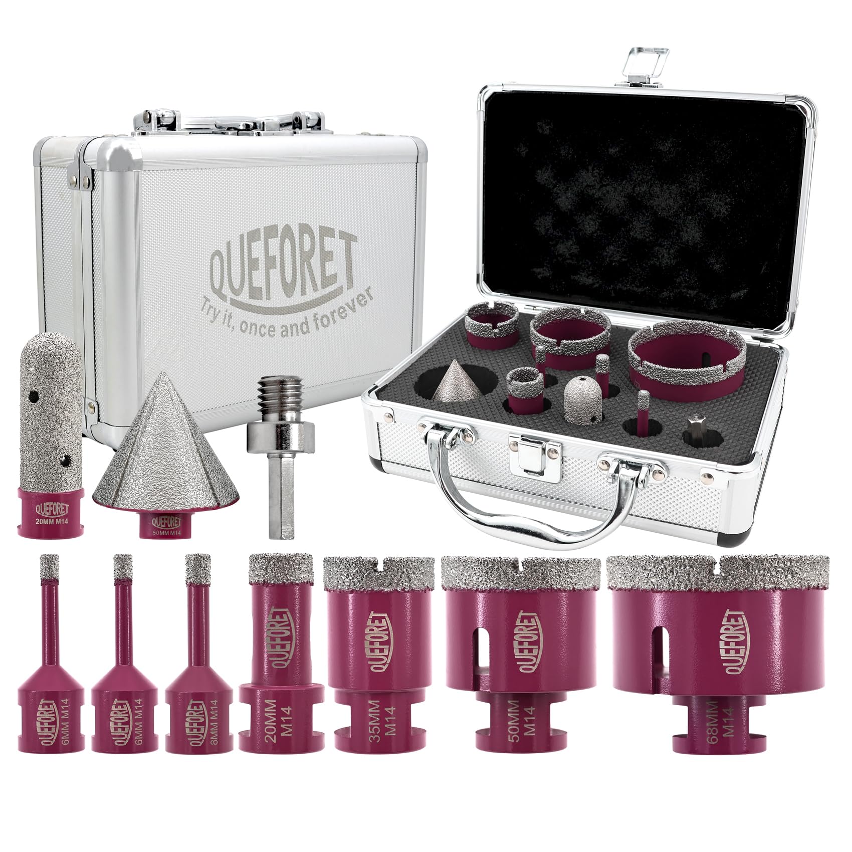 QUEFORET Diamond Drill Bits Set 10pcs - 7pcs 6/6/8/20/35/50/68mm x M14 Hole Saw, 20mm Finger Milling Bit, 50mm Beveling Bit, 1pc M14 to Hex Adapter for Ceramic Porcelain Tile Marble Granite