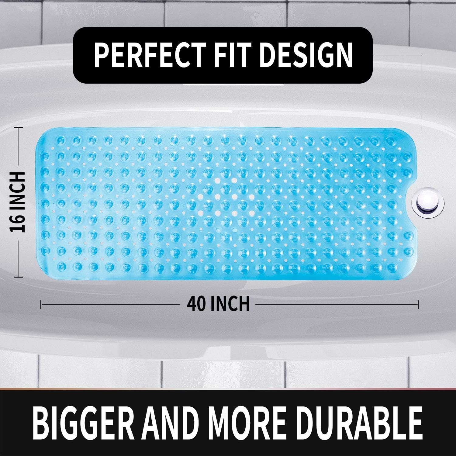 Yimobra Original Bath Tub Shower Mat Extra Long 16 x 40 Inch, Non-Slip with Drain Holes, Suction Cups, Phthalate Free, Latex Free, BPA Free and Machine Washable Large, Bathroom Mats, Clear Blue: Home & Kitchen