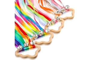 AORIHER 4 Pieces Rainbow Hand Ribbon Kite with Bells Wind Wand Dancing Ribbon Streamer Cloud Wood Sensory Toys Wooden Educational Toy for Party Birthday