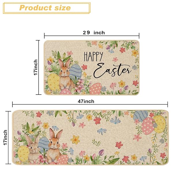 BACCESSOR HAPPY EASTER KITCHEN RUGS SET OF 2, BUNNY RABBITS COLORFUL EGGS FLOWERS KITCHEN MATS FOR FLOOR LOW-PROFILE EASTER HOLIDAY PARTY HOME DECORATION 17X29 AND 17X47 INCH