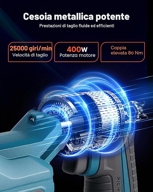 Cesoia per Metallo, Taglierina per Lamiera Senza Fili con Testa Girevole, Doppie Lame, 220 V CA 20 V CC, Taglia Acciaio Zincato da 1,22 mm, Acciaio Inox da 1 mm, Alluminio, Plastica, 2800 SPM