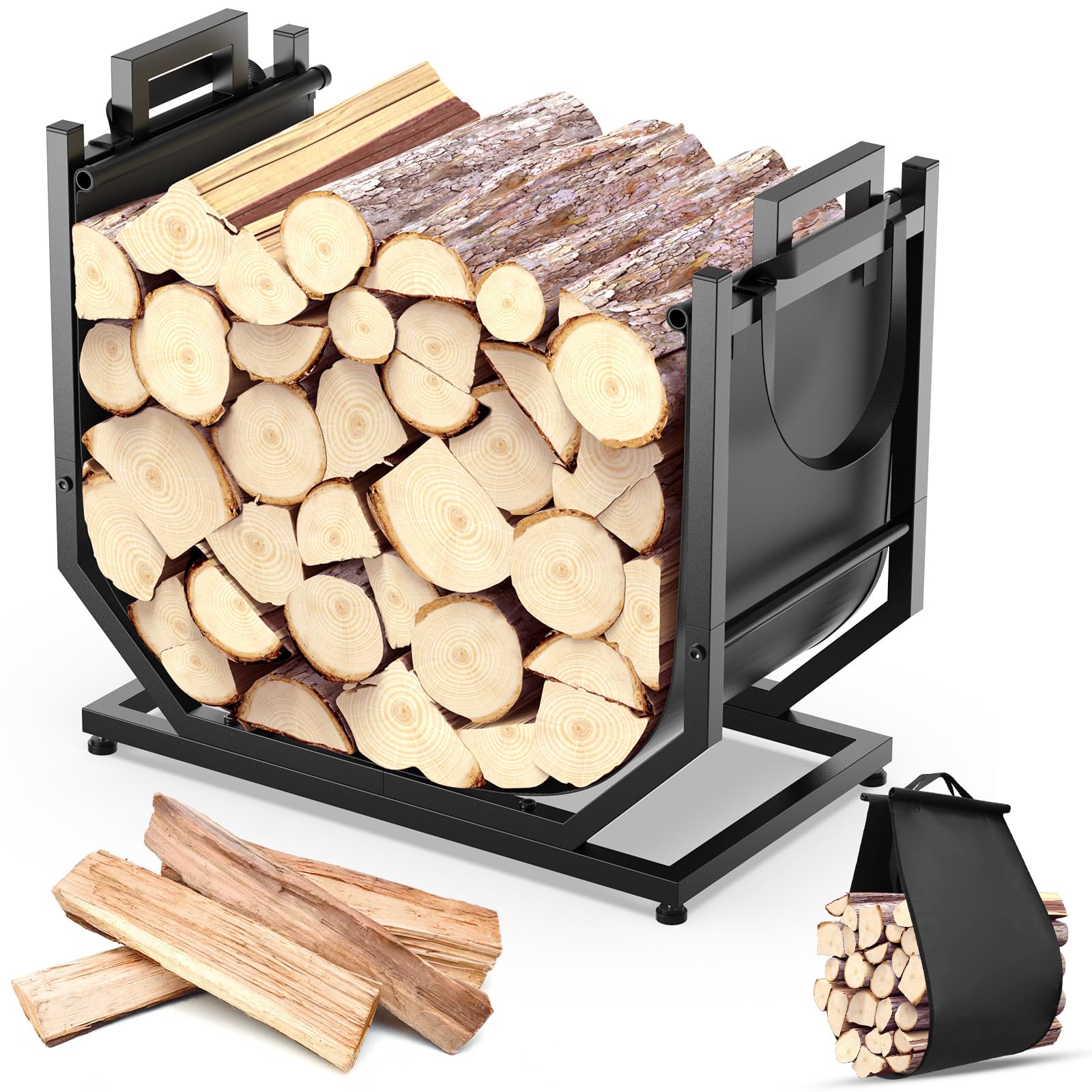 Photo 1 of YENGOTH Firewood Rack, Indoor/Outdoor Firewood Holder with Firewood Carrier Bag, 25 Inch Thickened Metal Fireplace Log Holder with Adjustable Feet, Black