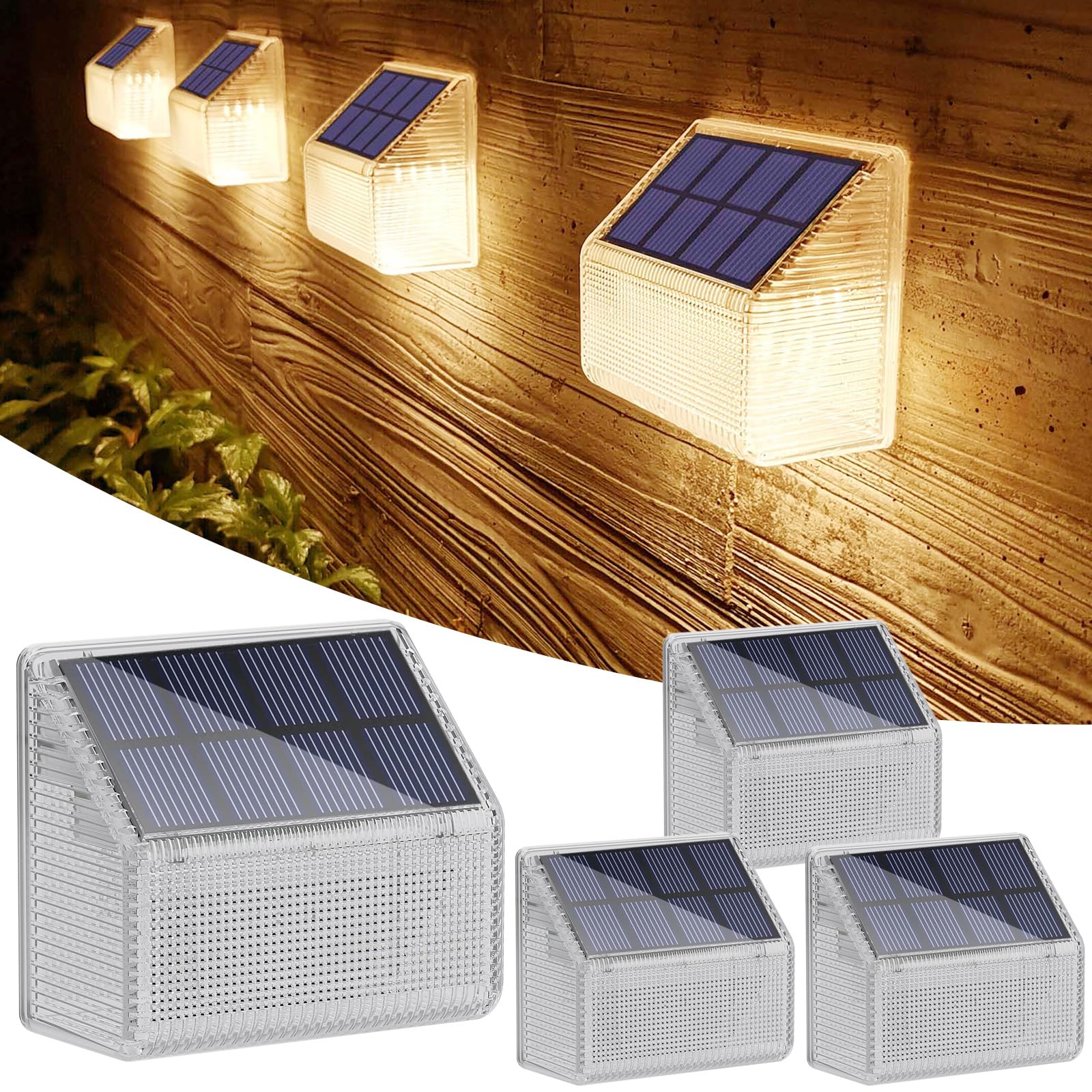 Alinana 4-Pack Solar Fence Lights, 360° Outdoor Warm White Garden Light IP68 Waterproof, LED Solar Wall Lights Outdoor for Fence, Patio, Wall Decorative (2700K)