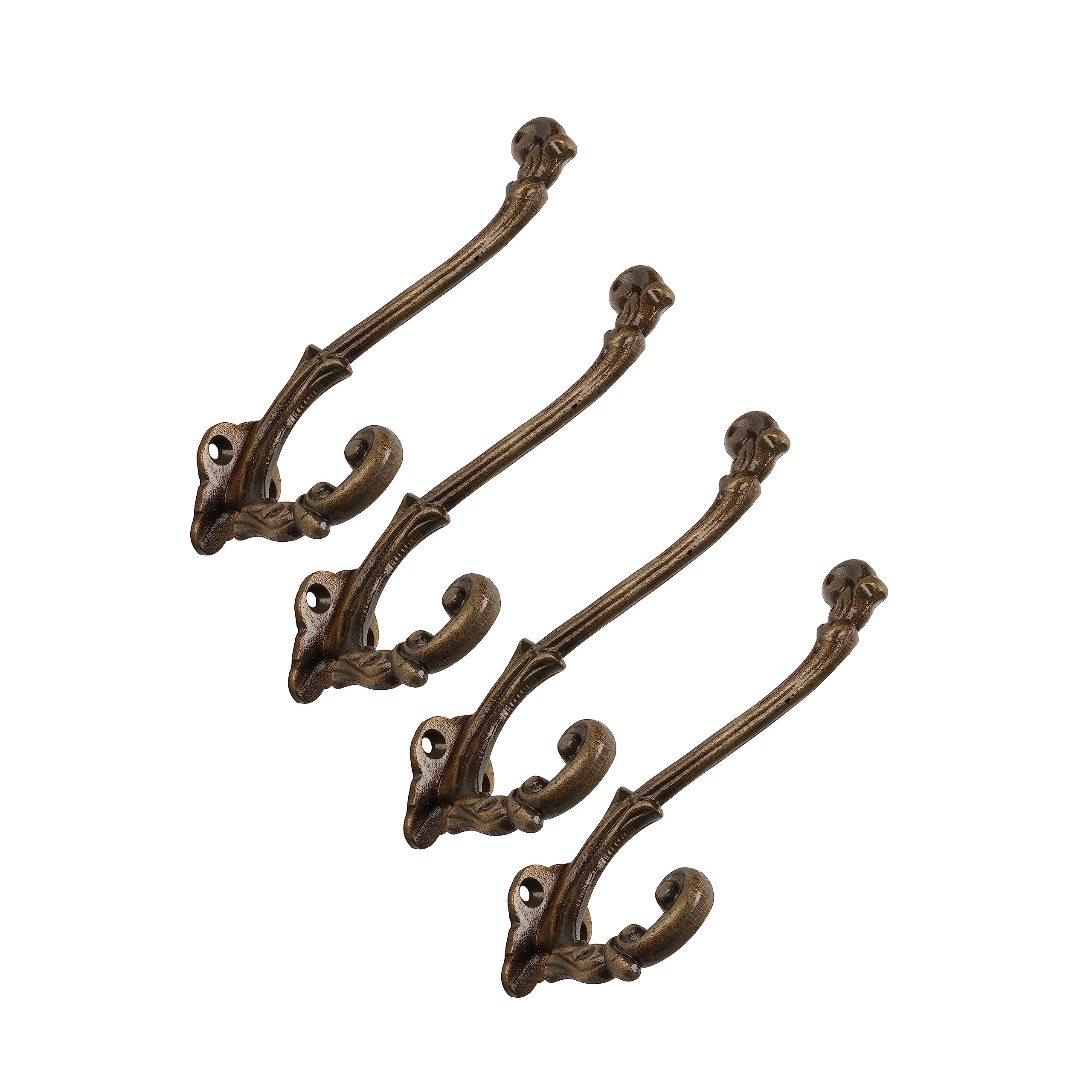 Photo 1 of CRAFTSMAN ROAD Vintage Cast Iron Wall Hooks (Antique Brass Finish, Set of 4) - Rustic, Farmhouse, French Country Coat Hooks | Great for Coats, Bags, Towels, Hats | French Slender