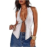 SOLY HUX Women's Halter Tops Tie Front Deep V Neck Sleeveless Knit Summer Going Out Tank Top