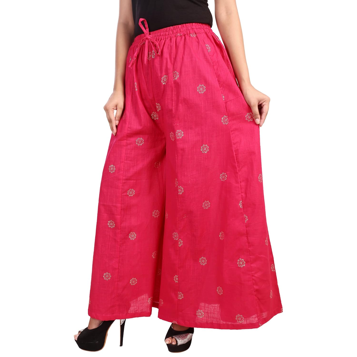 bilochi's women's stylish gold print full flair multi coloured plazo black