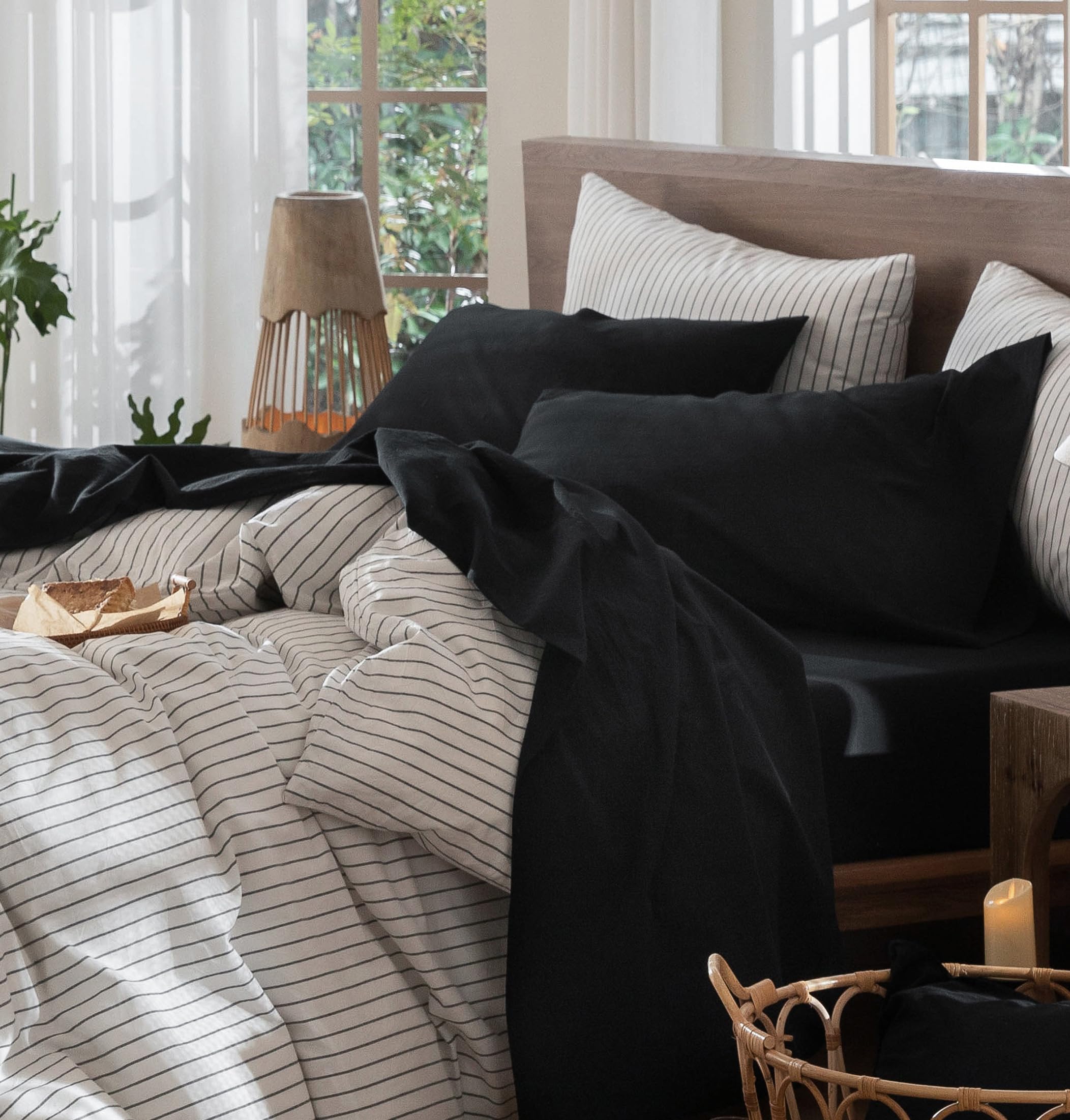 Photo 1 of MooMee Bedding Sheet Set 100% Washed Cotton Linen Like Textured Breathable Durable Soft Comfy (Solid Black, King)