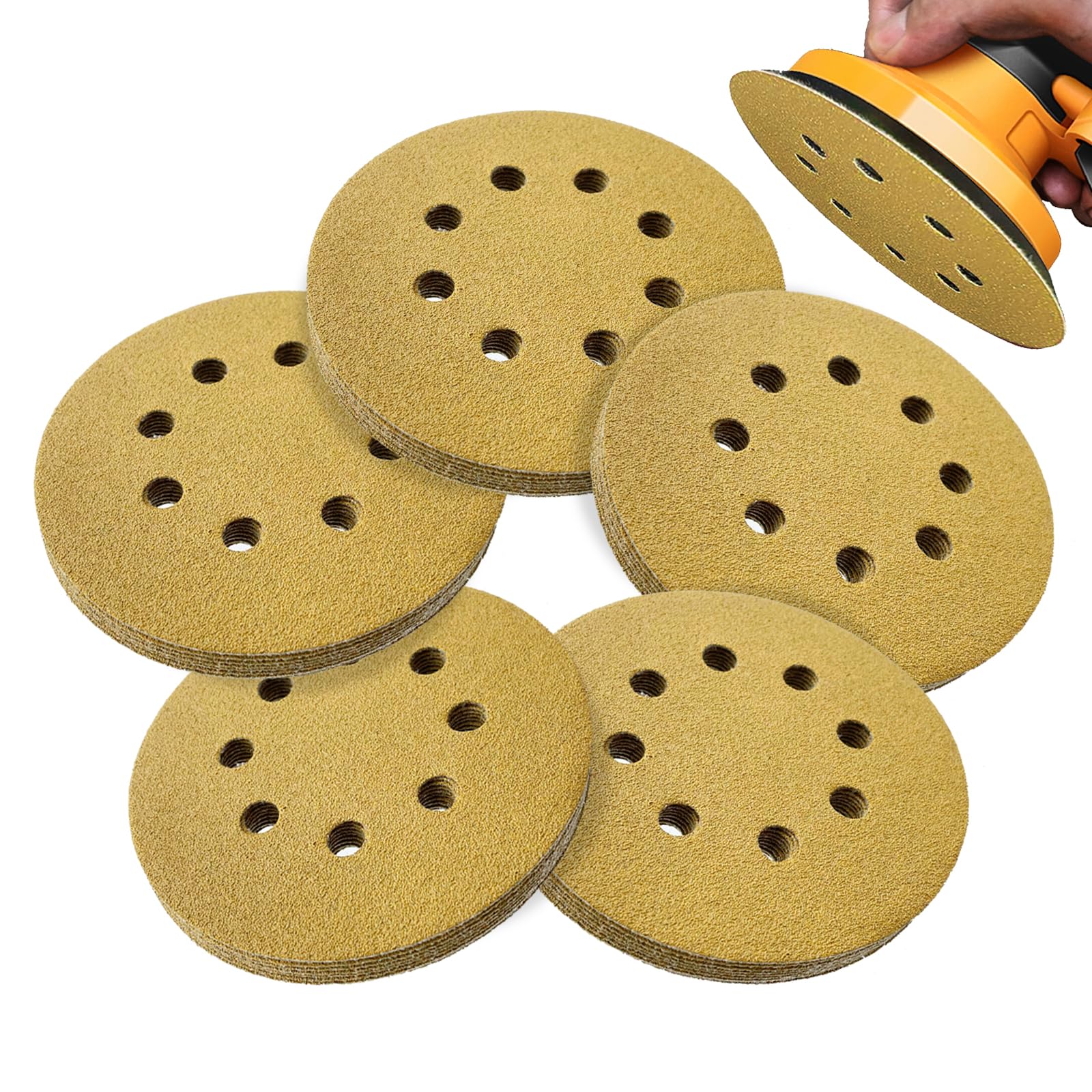 Pack of 50 125 mm Sandpaper, 5 Inch 8-Hole Round Sandpaper 8 Hole Sandpaper Abrasive for Random Orbital Sanders (80 Grits)