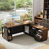 ModernMate 71" L Shaped Executive Standing Desk with 4 Drawers | Electric Height Adjustable Standing Desk with Privacy Panel, AC/USB, Home Office Workstation with File Cabinet, Black Walnut