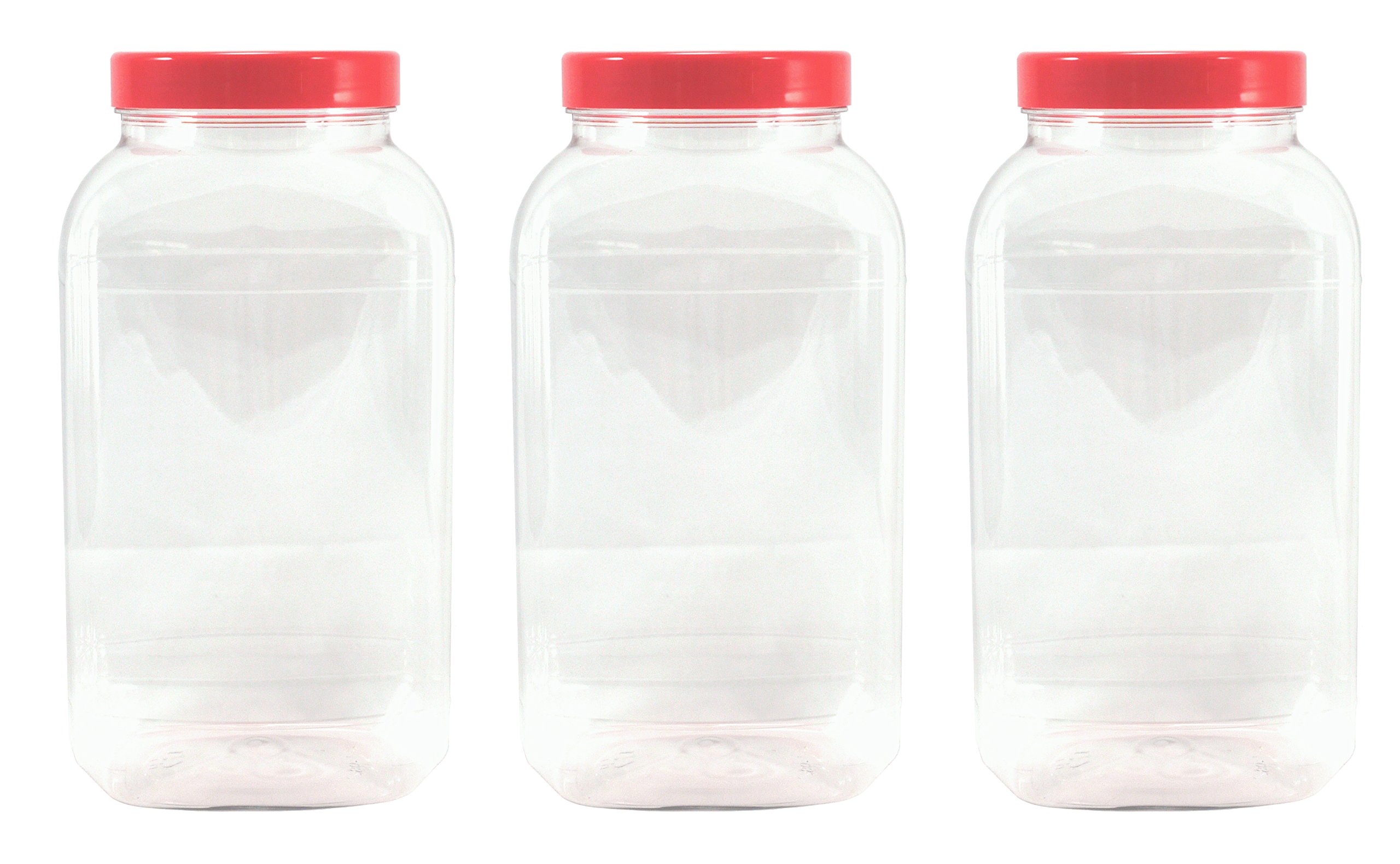 3 Large Storage Jars with red Screw top lids by Britten & James. Crystal Clear Food Grade Plastic - Safe, hygienic and Attractive.