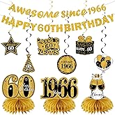 Kuxriox 11Pcs 60th Birthday Decorations Kit for Men Women, Black Gold Happy 60th Birthday Banner, Awesome Since 1966 Centerpieces Swirls Party Supplies, Sixty Bday Banner Ceiling Table Topper Sign