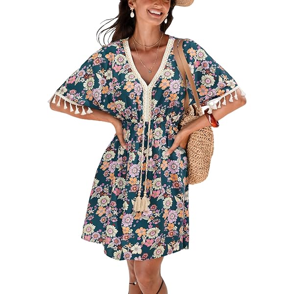 CUPSHE Beach Dress for Women Casual Summer V Neck Tropical Half Sleeves Belted Ruffled Vacation Mini Dress Green Tropical, S at Amazon Women's Clothing store CUPSHE Beach Dress for Women Casual Summer V Neck Tropical Half Sleeves Belted Ruffled Vacation Mini Dress Green Tropical, S at Amazon Women's Clothing store