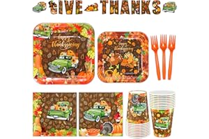 BFUN Thanksgiving Party Plates and Napkins Tableware Set Fall Party Dinnerware set with Harvest farm Truck Dinner Plates,Dessert Plates,Paper Cups, Napkins, Forks, and garlands for Thanksgiving,Serve 24