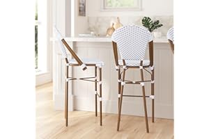 Merrick Lane Celia Set of Two Indoor/Outdoor Stacking French Bistro Bar Stools with White and Gray Patterned Seats and Backs & Bamboo Finished Metal Frames