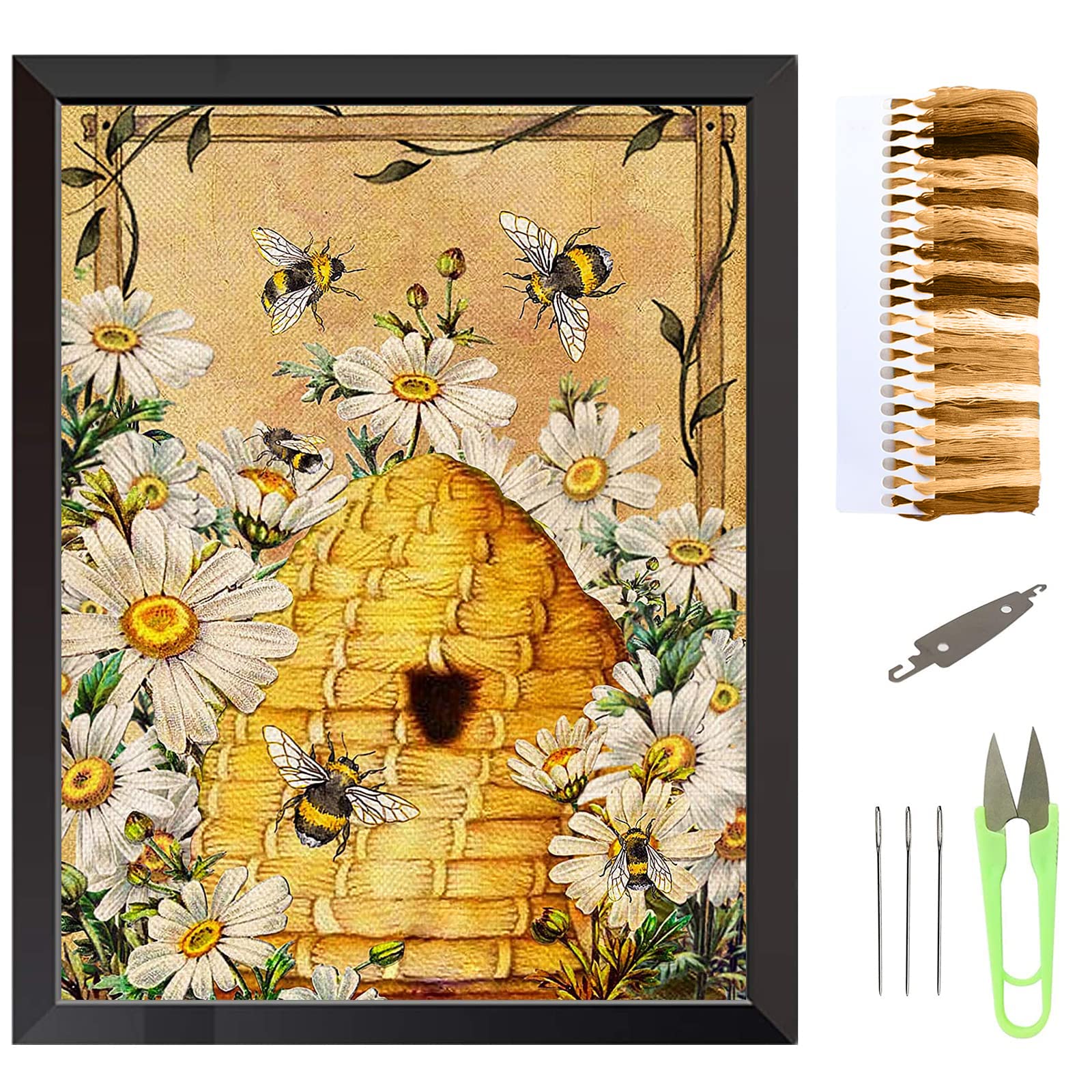 Embroidery Cross Stitch Kits for Adults Beginners, Bees & Beehives Pre Printed Embroidery Cross Stitch Kit 11CT Needlework Kit DIY Artwork for Adults Home Decor or Gifts (Bees & Beehives, 30 × 40 cm)