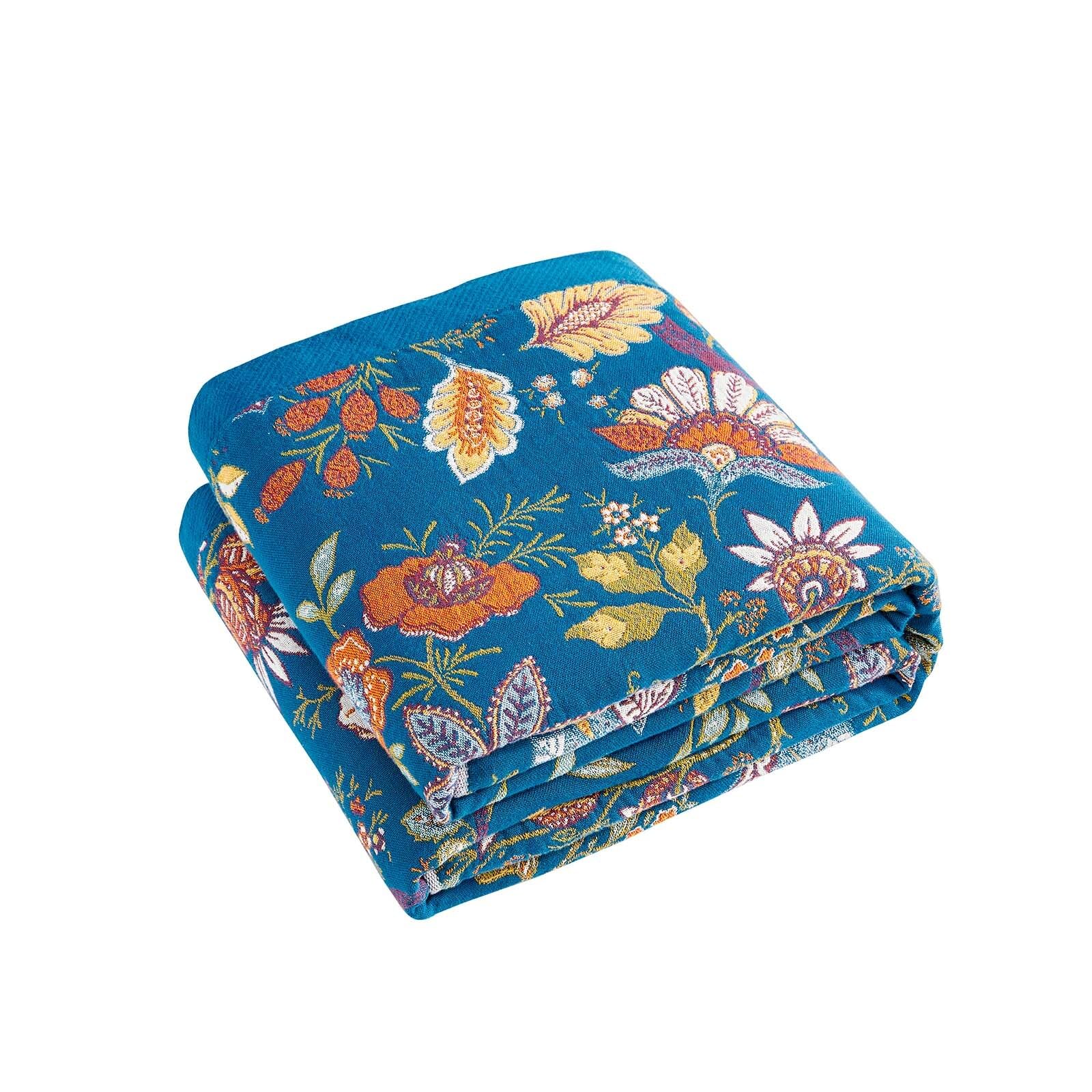 XIBLC Fall Throw Blanket for Couch, Blue Boho Decorative Throw Blanket, 100% Cotton Muslin Breathable Woven Farmhouse Blankets Quilt, 60"x80" Reversible Lightweight Blankets Bohemian Throw Quilt Image