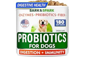 BARK&SPARK Dog Probiotics for Digestive Health w/Enzymes & Fiber - Diarrhea Gas Treatment Upset Stomach Relief - Allergy & Itchy Skin - Pet Probiotics for Dogs - (180Ct, Chicken)