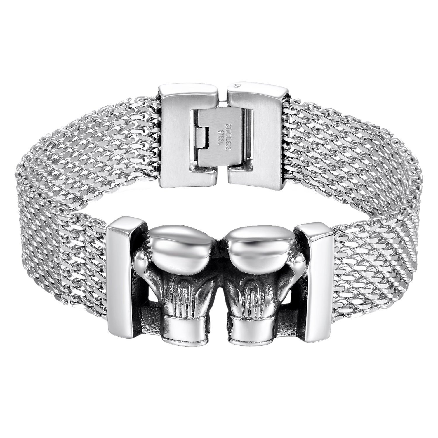 Oidea Mens High Polished Stainless Steel Large and Heavy Gothic Cool Dual Boxing Glove Biker Bangle Bracelet,8.9 Inch