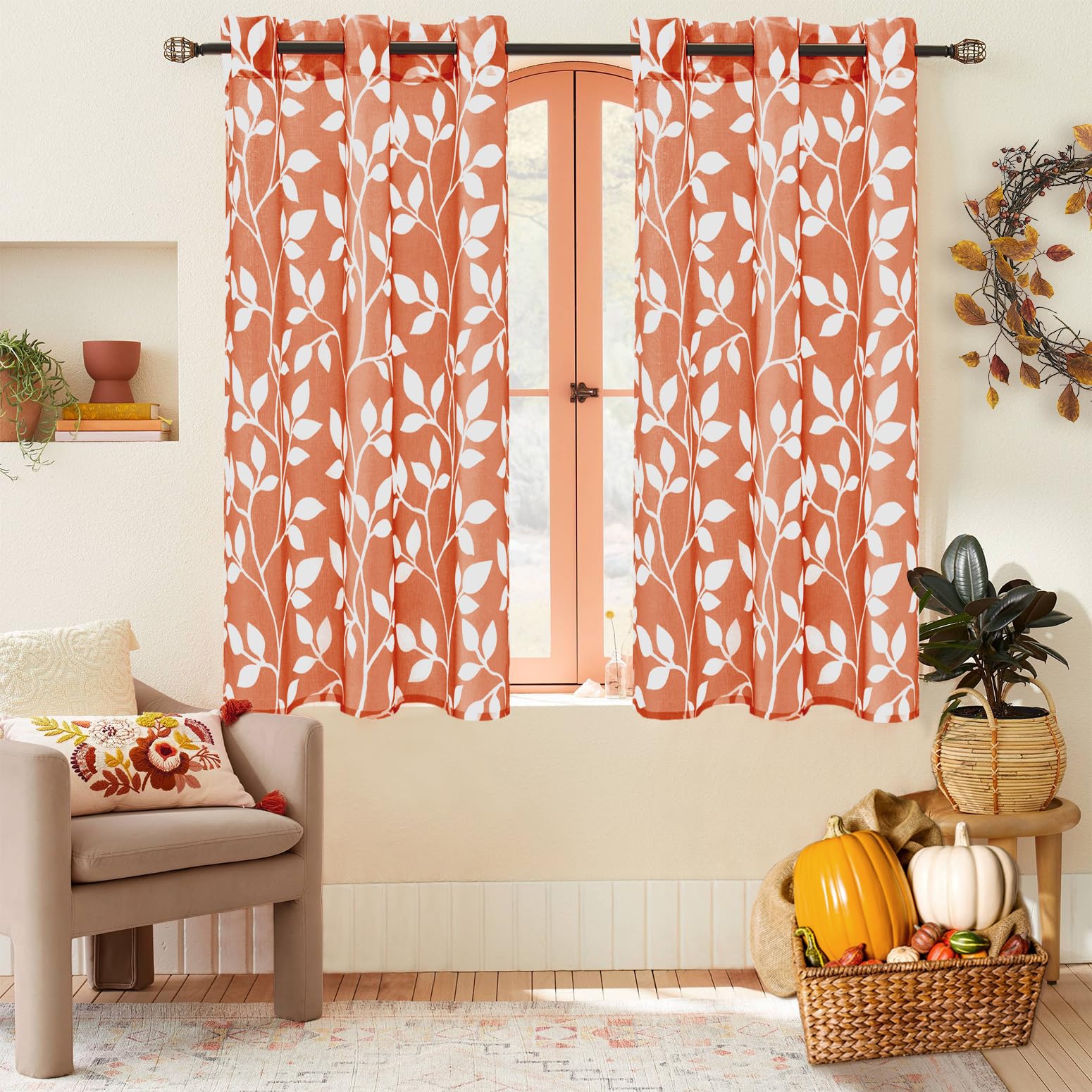 XTMYI Burnt Orange Short Curtains for Bathroom Kitchen Window,Pumpkin Decor White Leaf Pattern Fall Floral Curtain for Bedroom Dining Bay Windows Decorations 48 Inch Length 2 Panels Set — image 1