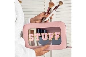 Y1tvei Makeup Bag for Women, STUFF Clear Cosmetic Bags Travel Toiletry Bag, Heavy Duty Makeup Organizer, Cute Makeup Case Bag Accessories with Clear Windows & Gold Zippers(Pink)