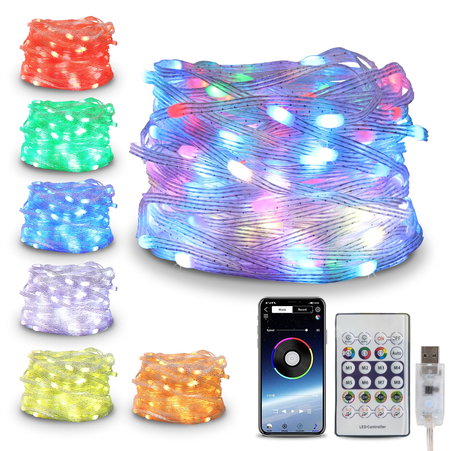 CLYCTIP Fairy Lights,20M/65ft 200 LED IP65 Waterproof String Lights Colourful with Timer Remote Control,Music Sync,App Controlled,210 Modes USB Fairy Lights for Garden,Wedding (20m/65ft 200LED)