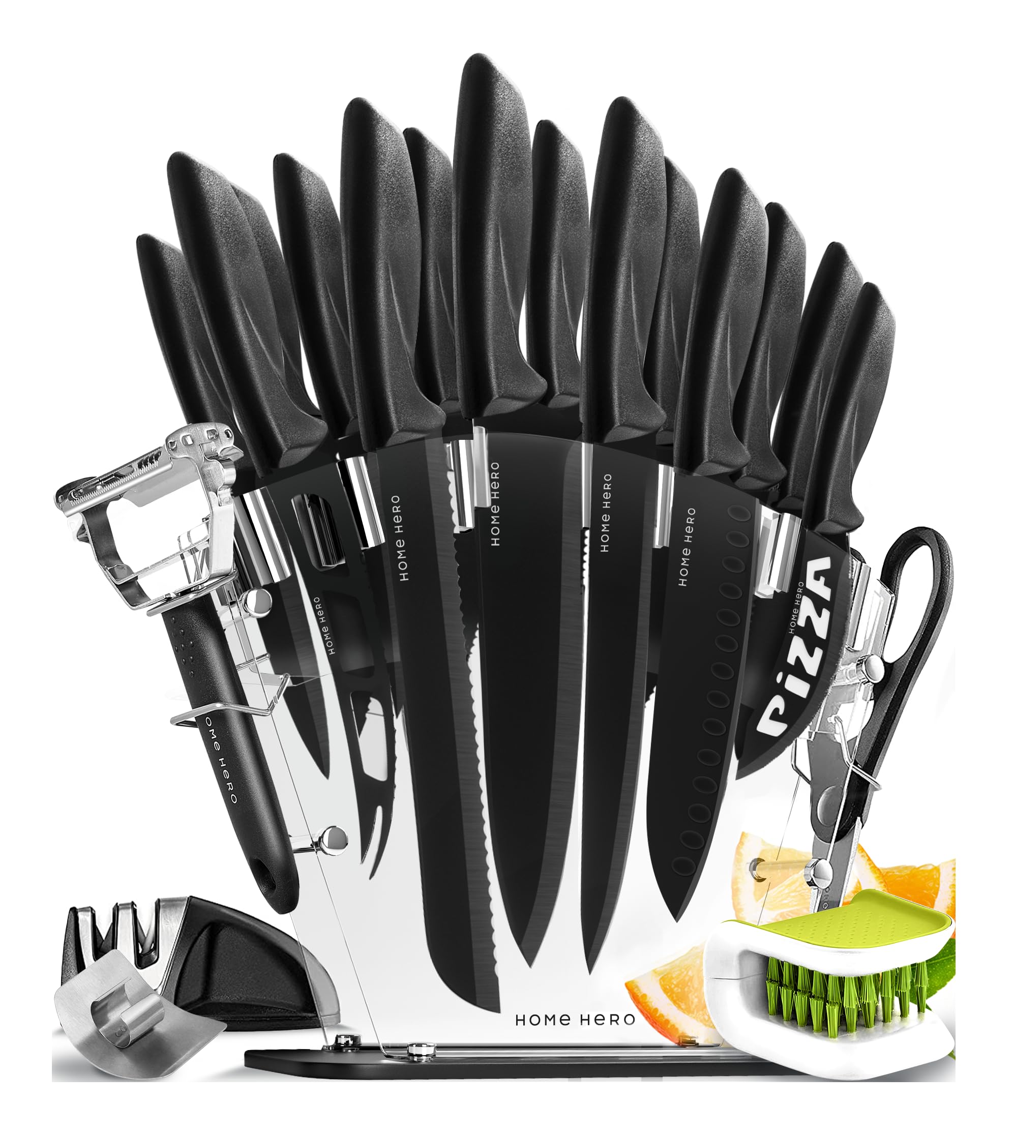 Home Hero Ultra-Sharp Stainless Steel Kitchen Knife Set - Chef Knives Set (17 pcs Set - Black with Knife Block)