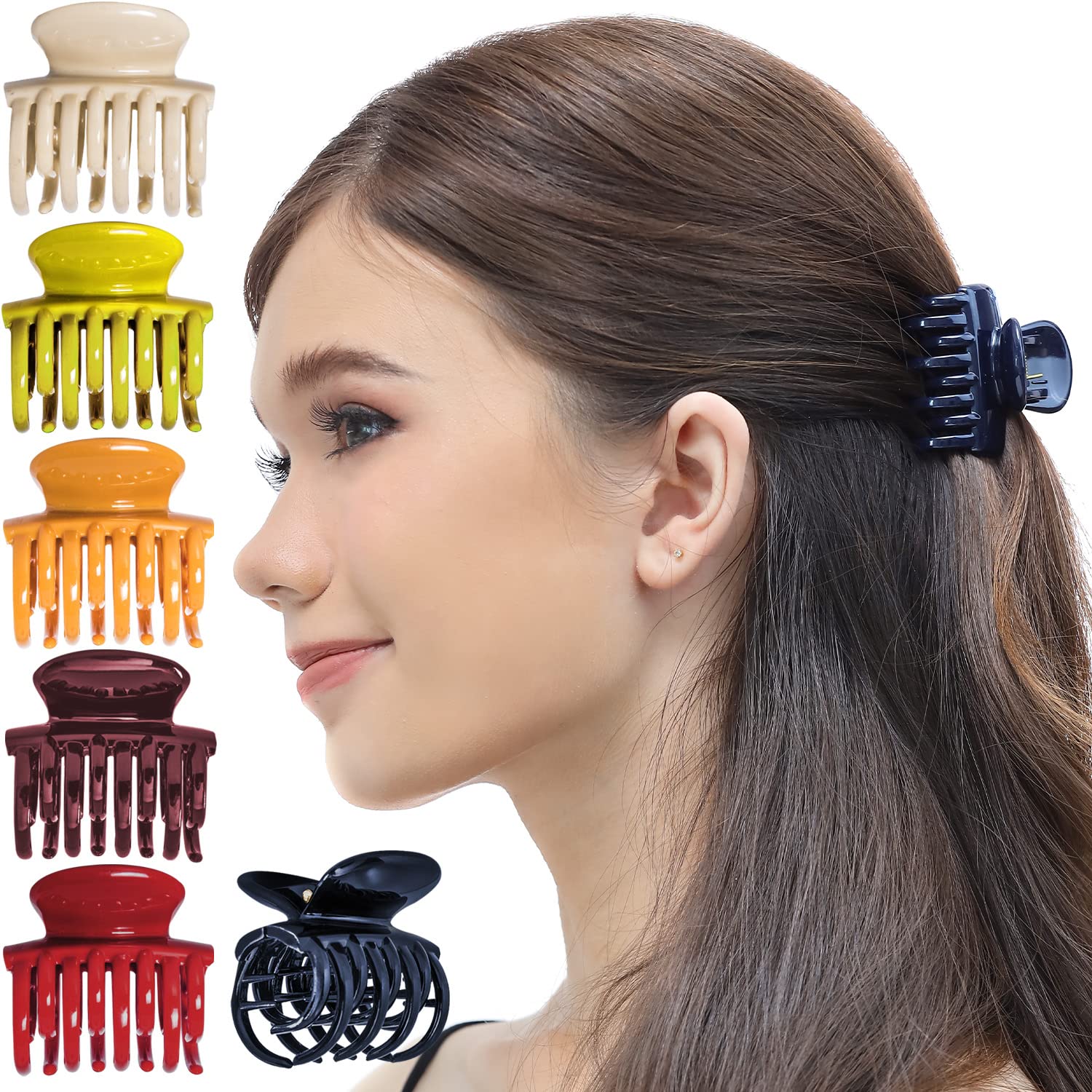 RC ROCHE ORNAMENT 6 Pcs Womens Classic Double Multi Layer Fine Teeth Claws Jaw Interlocking Strong Hold No Slip Firm Grip Hair Clutcher Clamp Beauty Fashion Accessory, Small Classic Multicolor