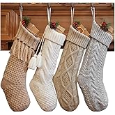 4 Pack White Knit Christmas Stockings – Large 18” Rustic Farmhouse Vintage Cable Knit Holiday Stockings, Cream Ivory Neutral Boho Style for Fireplace Mantel Hanging Family Décor (Linen Color)