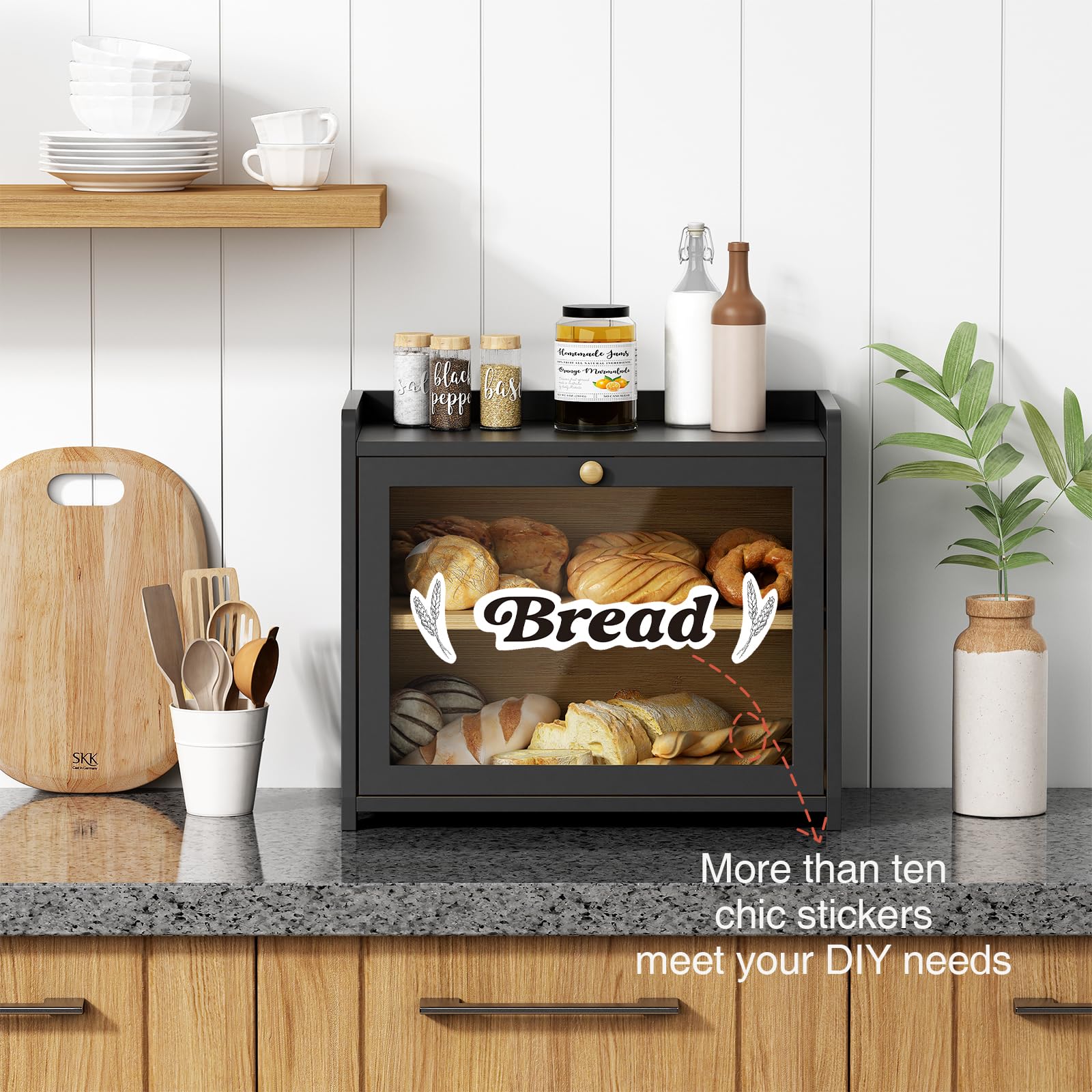 Black Bread Box for Kitchen Countertop, Large Bread Storage Container for Homemade Bread, Wood Farmhouse Breadbox Organizer for Kitchen Counter Corner, Cabinet, Pantry, Cupboard (Black)