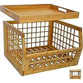 altCooking Hub Bamboo Storage Bin - Multipurpose, Stackable Open Front Storage Bin with Bamboo Serving Tray Lid for Kitchen & Pantry - Stylish Lattice Design