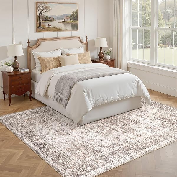 ELLIUNE WASHABLE AREA RUGS 6X9, SOFT LARGE 6X9 RUGS FOR LIVING ROOM NON-SLIP VINTAGE BROWN INDOOR CARPET STAIN RESISTANT RUGS FOR DINING ROOM BEDROOM NURSERY KID & PET FRIENDLY