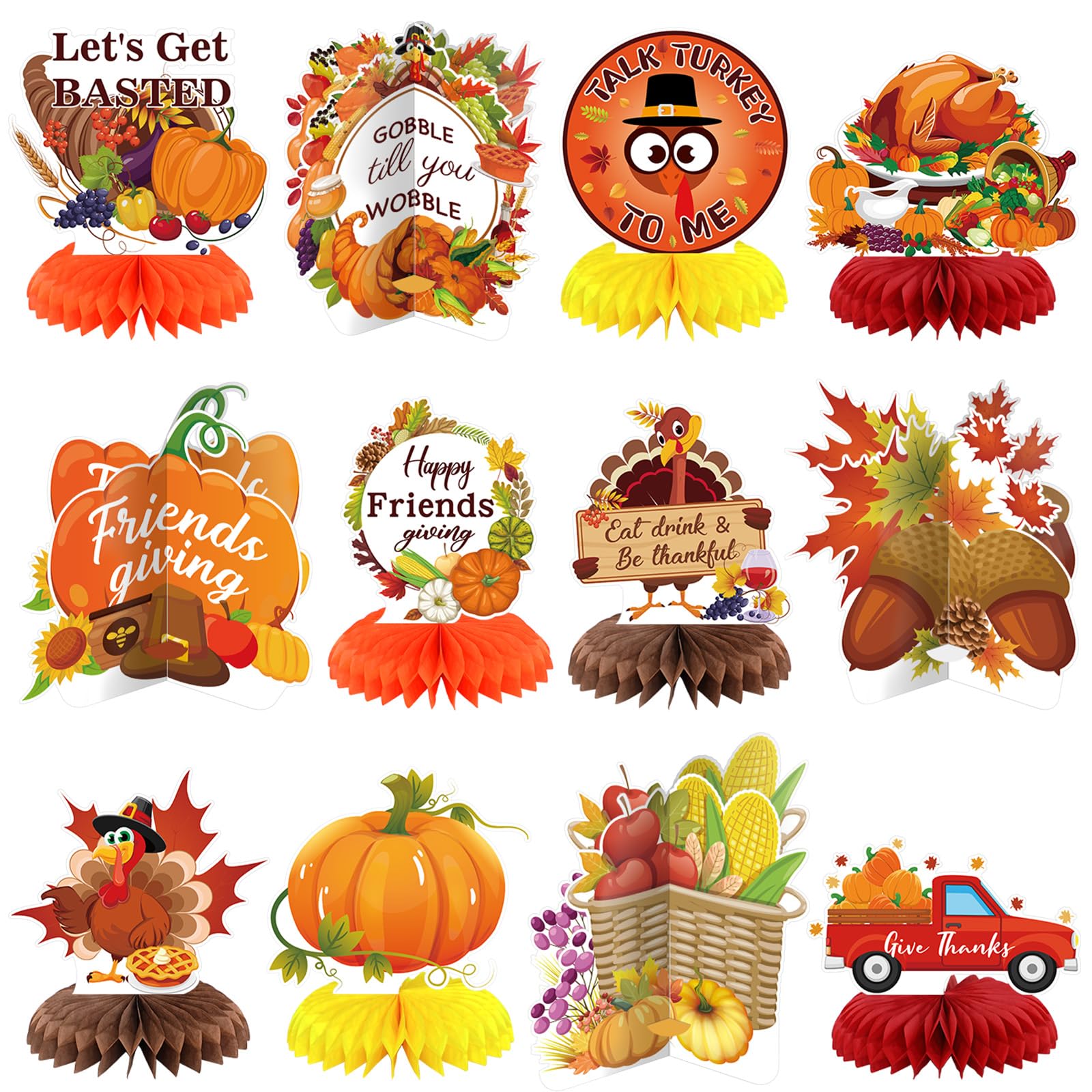 Photo 1 of 12 Pcs Thanksgiving Party Decoration Friendsgiving Honeycomb Centerpiece Happy Friendsgiving Table Decoration Fall Pumpkin Turkey Gobble Till You Wobble Thanksgiving Table Topper for Party Supplies